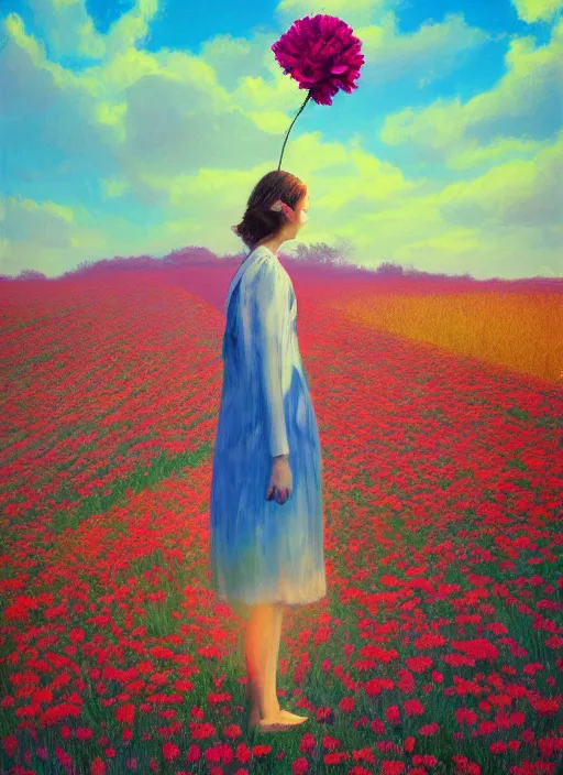 Image similar to portrait of a woman with a giant carnation as a face, flower field, surreal photography, sunset dramatic light, impressionist painting, colorful clouds, blue sky, digital painting, artstation, simon stalenhag