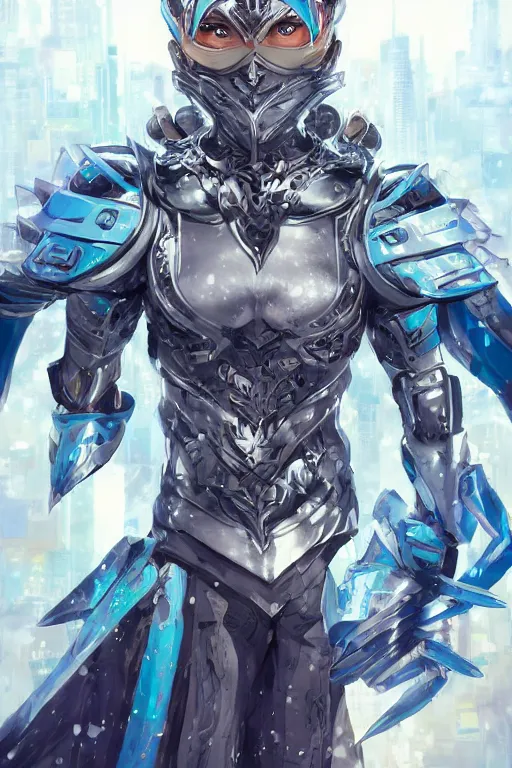 Image similar to concept art, anime portrait of a ninja cyborg warrior wearing an intricate azure wolf themed armor by Masamune Shirow, Stanley Artgerm Lau, WLOP, Rossdraws, James Jean, Andrei Riabovitchev, Marc Simonetti, and Sakimichan, trending on artstation