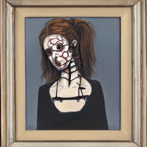 Prompt: Painting of headless woman with screw threading on her neck, gothic horror