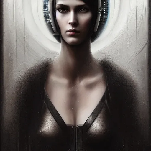 Prompt: By Tom Bagshaw, ultra realist soft painting of an attractive cyberpunk female with sillicon cyborg skin, with thin lustrous long hair floating, photorealistic eyes render, looking at camera, curiosities carnival, symmetry accurate features, very intricate details, focus, dark fantasy background, black and white, curvy