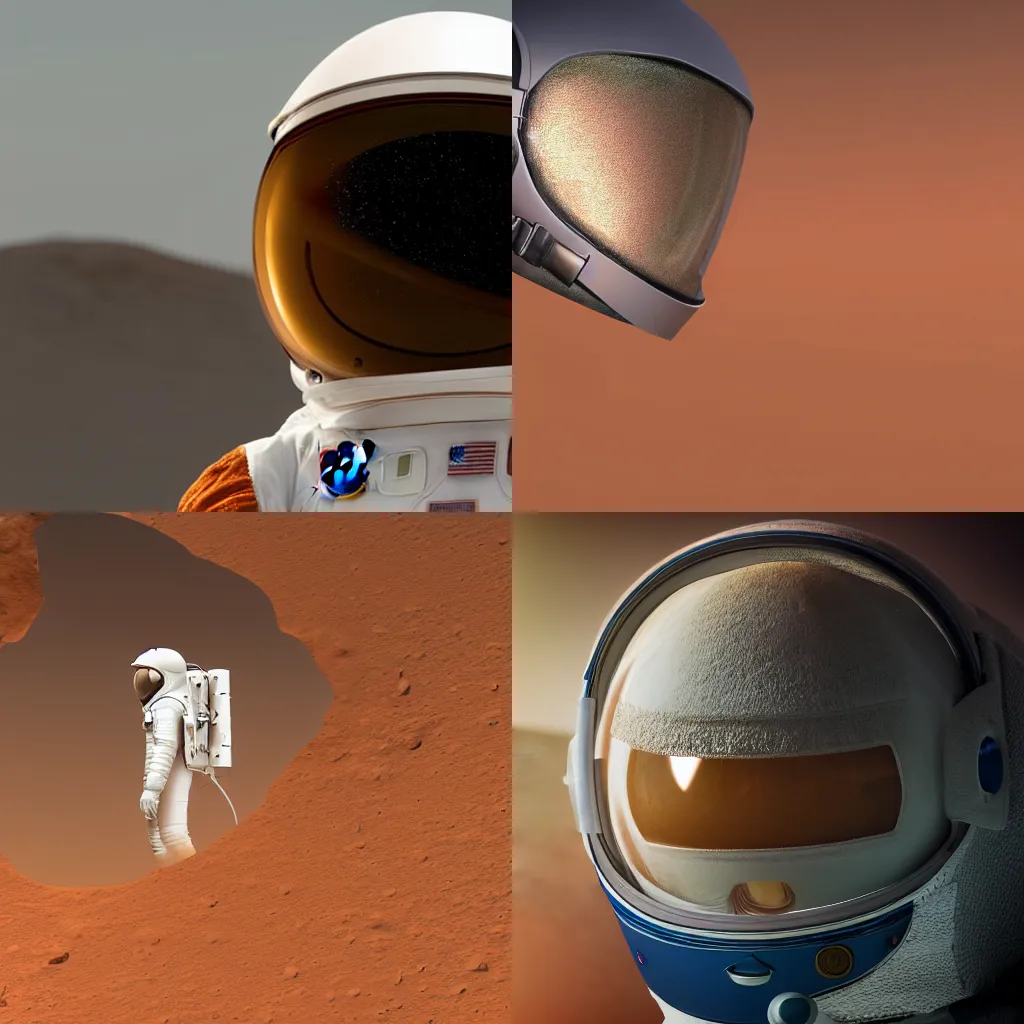 Prompt: Closeup of first human on mars, stepping out of small capsule, photography, front view, space suit, mars surface reflected in visor, NASA, 4k, photo realistic, award winning