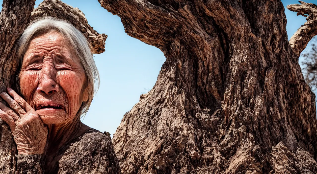 Image similar to close-up of a 65-year-old Gaia, crying calmly, facing the camera and standing in front of a dried up river in a desolate land, dead trees, blue sky, hot and sunny, highly-detailed, elegant, dramatic lighting, artstation, 4k, cinematic landscape, photograph by Elisabeth Gadd