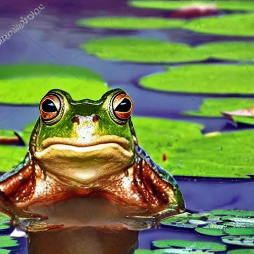 Prompt: fantasy art, close - up of a frog in a small crown!!! in the pond with water lilies, shallow depth of field, highly detailed, autumn, rain, masterpiece, matte painting, sharp focus, matte painting, by isaac levitan, by monet, asher brown durand,