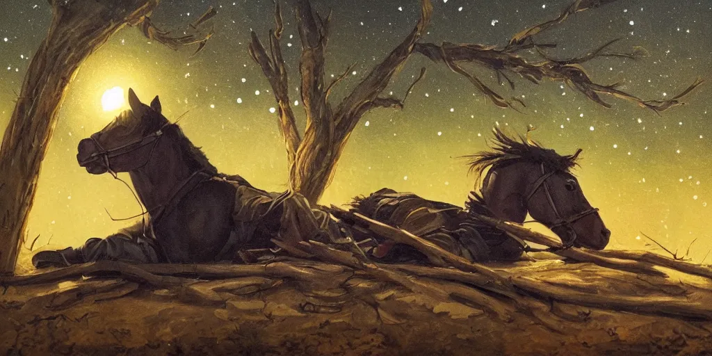 Prompt: in the old west, at a campfire at night, close up portrait of one sleeping bandit scoot mcnairy ( ( alone ) ) lying on a pile of branches, watches the stars and his horse grazes, in the style of a cinematic oil painting, warm color palate, astral, grim