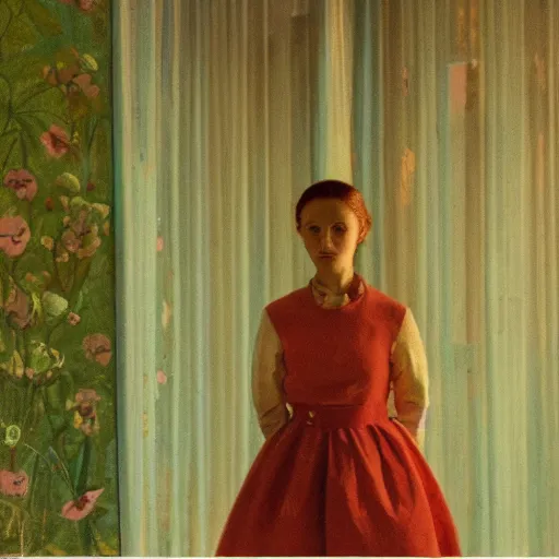 Image similar to a flowery girl in an soviet golden liminal abandoned room, film still by wes anderson, depicted by balthus, limited color palette, very intricate, art nouveau, highly detailed, lights by hopper, soft pastel colors