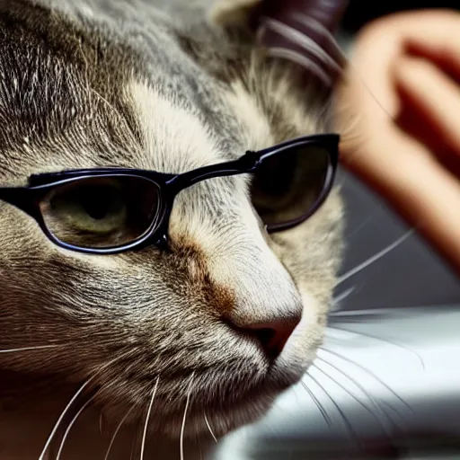 Prompt: photo of a cat wearing glasses making an important phone call