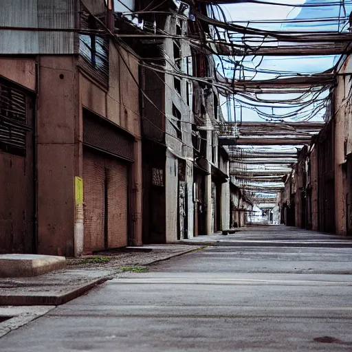 Image similar to “large walled off industrial building. guarded with enemies. Street level. 2077 Photomode in the architectural style of Neo-Tokyo. 8k ”