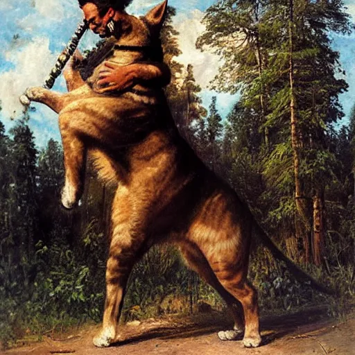 Prompt: man riding a huge cat, oil painting by Ivan Shishkin