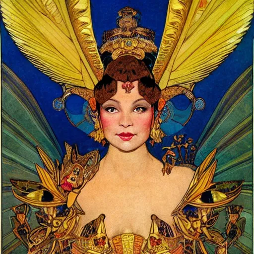 Prompt: portrait of a Chibcha gold goddess by Kowalski and Heckel and Ríos and Rutkowski and Mucha and Brom and Miller and Botero and Dalí and El Greco and Gutiérrez