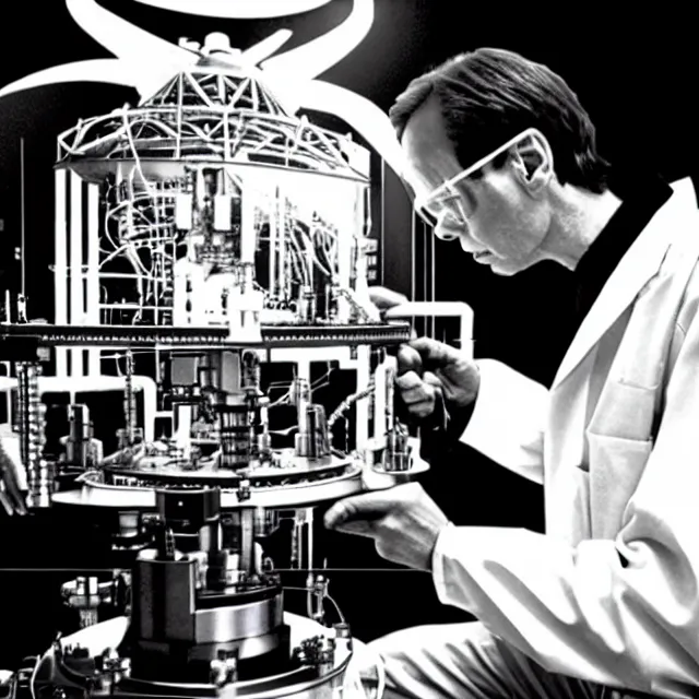 Image similar to a photo of bob lazar fixing alien fusion micro - reactor in lab inside area 5 1, cinematic lighting, detailed symmetrical face, photorealistic, highly detailed