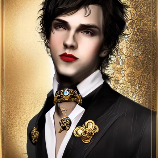 Prompt: a photographic character model design of a handsome charming young man wearing excessive jewelry in an ornate and elegant way