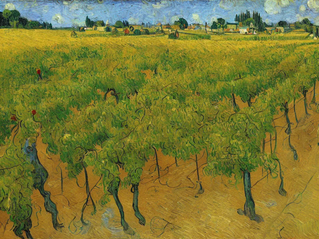 Image similar to trending on artstation, an idyllic vineyard, oil on canvas, in the style of Vincent van Gogh