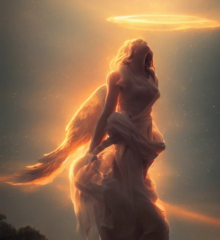 Prompt: centered waist up portrait photography an angel + glowing outlines, dissolve to energy particles of light + bokeh + strong DOF + 8k, photorealistic + composition by Peter Mohrbacher , ultra realistic + backlit + strong rimlight, sunset + HDRI, HD, Photoreal