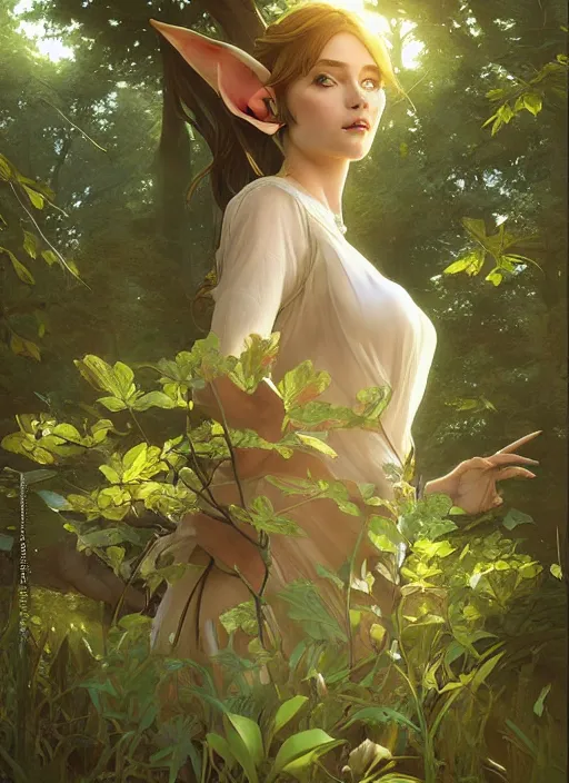 Prompt: Stunning female elf on a beautiful lush forest meadow, afternoon, art by Artgerm and Greg Rutkowski and Alphonse Mucha, DAZ, hyperrealistic, ambient light, dynamic light, vray
