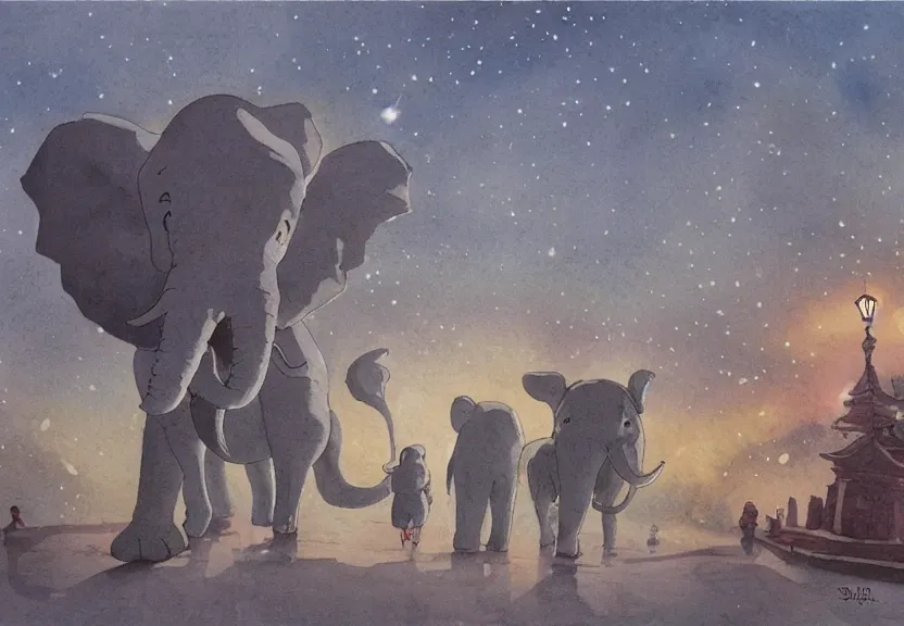 Image similar to a hyperrealist watercolor concept art from a studio ghibli film showing a giant grey chibi elephant. a temple is under construction in the background in india on a misty and starry night. by studio ghibli. very dull muted colors