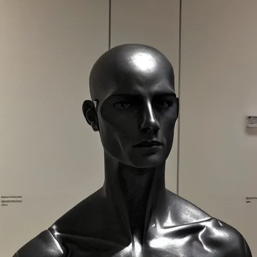 Image similar to “a realistic detailed photo of a guy who is an attractive humanoid who is half robot and half humanoid, who is a male android, Cristiano Ronaldo, shiny skin, posing like a statue, blank stare, at the museum, on display”