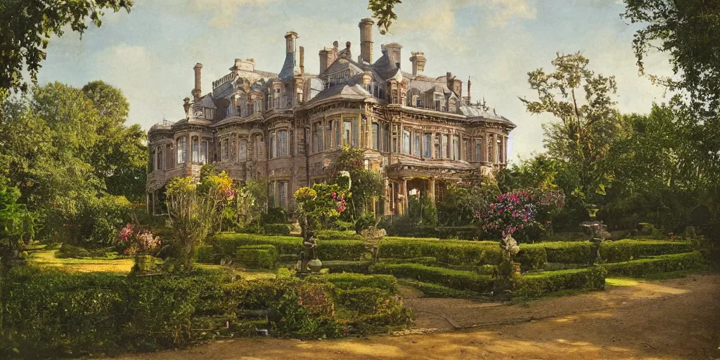 Image similar to a highly detailed photograph of a house from the 1880s surrounded by beautiful gardens, view from ground level, elegant, ornate, daytime, beautifully lit scene