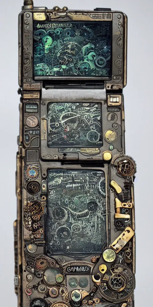 Image similar to an extremely complex and advanced steampunk gameboy