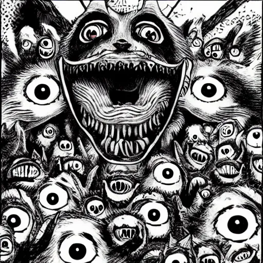 Prompt: a horrifying corgi demon with many eyes and many teeth, manga panel drawn by junji ito, kentaro miura, horror, dark fantasy, lovecraftian, intricate