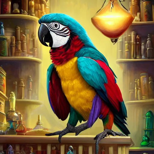 Prompt: Fantasy artwork of Anthropomorphized parrot trader in his shop, shelves full, selling a gem, portrait, items, magic potions, carpet, window, fancy funny hat, sly expression , cunning expression, cute expression, presenting magic gem, D&D, fantasy, cinematic lighting, highly detailed, digital painting, artstation, concept art, smooth, sharp focus, illustration, warm light, cozy warm tint, magic the gathering artwork, volumetric lighting, 8k, no gold, no gold colours, art by Akihiko Yoshida and Greg Rutkowski