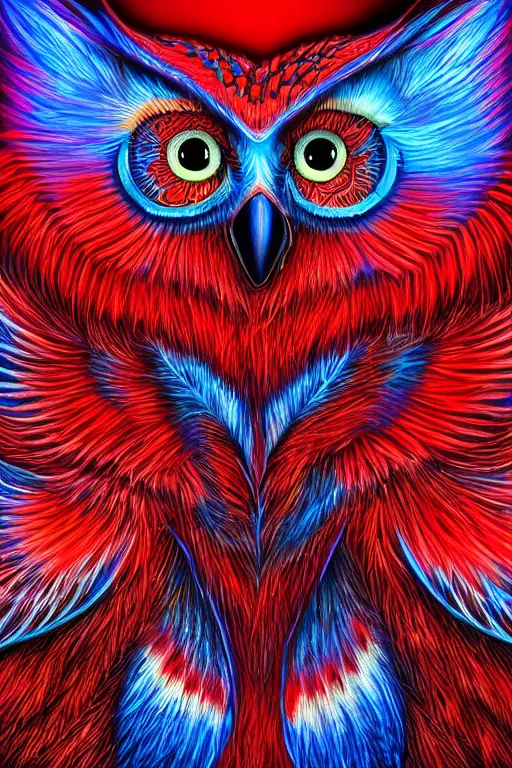 Image similar to glowing owl, blue and red colours, highly detailed, digital art, sharp focus, trending on art station