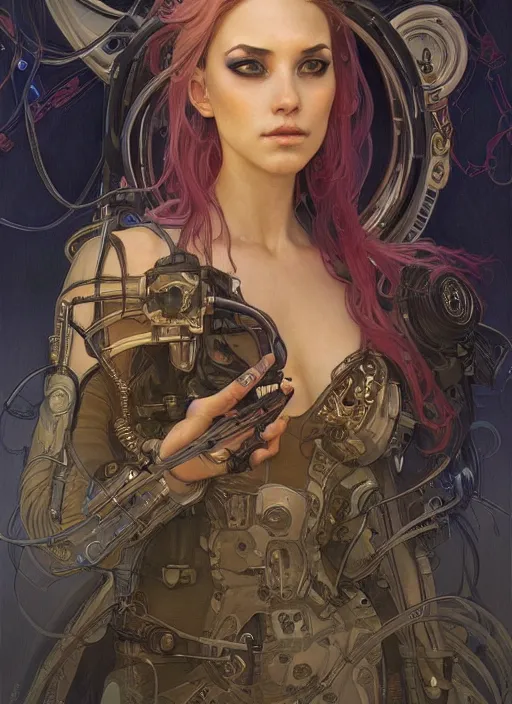 Prompt: beautiful young woman cyberpunk woman, portrait, intricate, elegant, highly detailed, centered, digital painting, artstation, concept art, smooth, sharp focus, illustration, art by artgerm and donato giancola and alphonse mucha