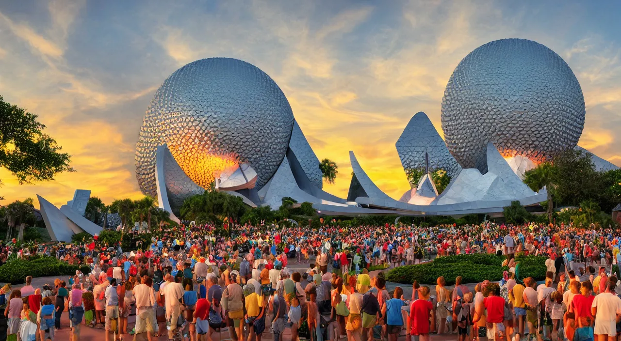 Image similar to a matte painting of spaceship earth taken at epcot at walt disney world, sunset, crowded by frank lloyd wright and zaha hadid torch volume light