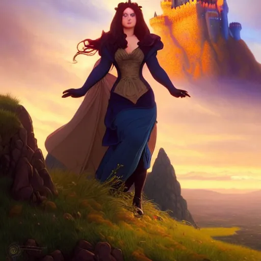 Image similar to a portrait of a fantasy female magician surrounded by magical particles stands on a hill. in the background on another hill stands a castle with mountains in the background, filled with magic, highly detailed, digital painting, artstation, smooth, sharp focus, illustration, art by artgerm and greg rutkowski and alphonse mucha