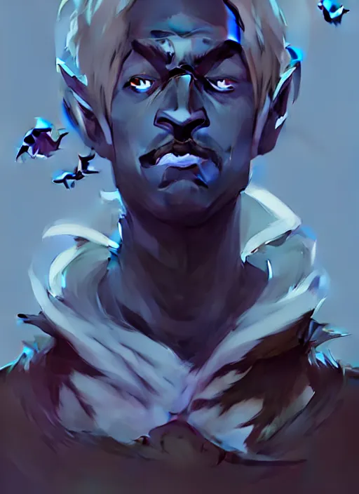 Prompt: ( ( ( ( ( portrait of male drow from dungeons and dragons surrounded by crows. ) ) ) ) ) by atey ghailan, by greg rutkowski, by greg tocchini, by james gilleard, by joe fenton, by kaethe butcher, dynamic lighting, gradient light blue, brown, blonde cream and white color scheme, grunge aesthetic