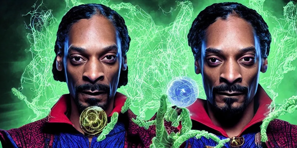 Image similar to snoop dogg as the doctor strange, marijuana leaves, green light, highly detailed, marvel cinematic universe, mcu, photo