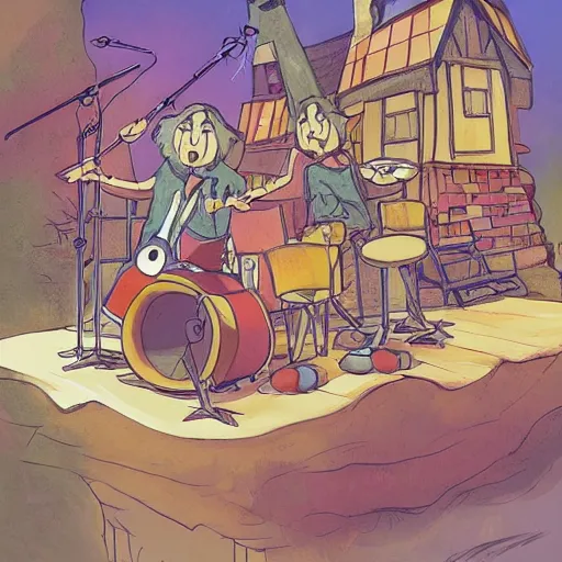 Image similar to rats playing in a rock band inspired by the beatles, inside a wooden house, style by disney, studio ghibli, pixar, intricate, highly detailed, digital painting, artstation, concept art, 7 0 s pallete, high quality, trending on artstation