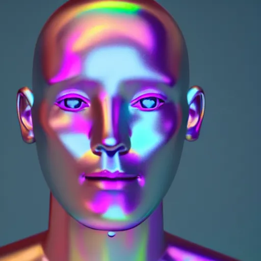 Image similar to 3d render of holographic human robotic head made of glossy iridescent, surrealistic 3d illustration of a human face non-binary, non binary model, 3d model human, cryengine, made of holographic texture, holographic material, holographic rainbow, concept of cyborg and artificial intelligence