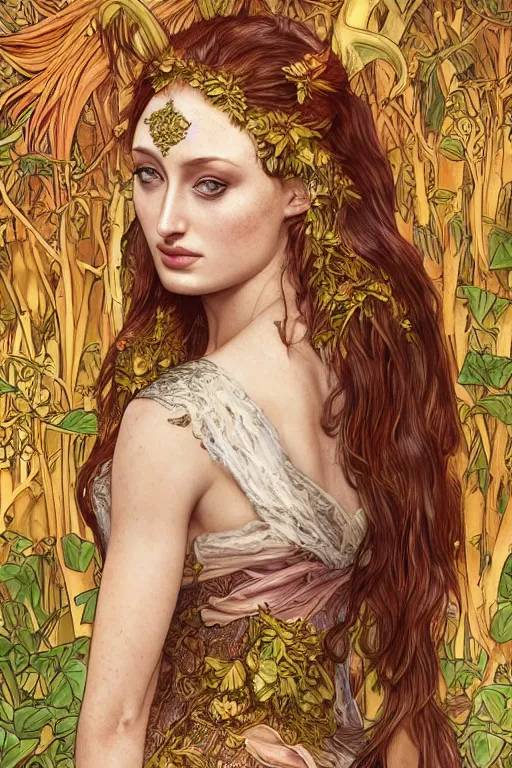 Prompt: Sophie Turner as the Queen of the Jungle, cute, fantasy, intricate, elegant, highly detailed, digital painting, 4k, HDR, concept art, smooth, sharp focus, illustration, art by artgerm and H R Giger and alphonse mucha