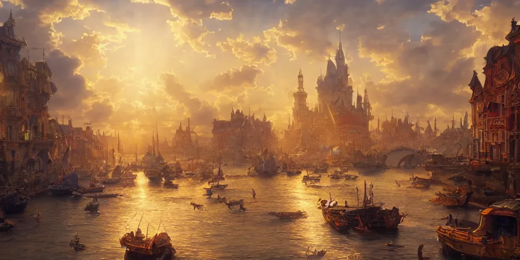 Image similar to beautiful seventeenth century harbour city, vivid colors, gorgeous clouds, god rays, digital art, landscape, fantasy art, octane render, ureal engine, high detail, very realistic, by artgerm and greg rutkowski and alphonse mucha and loish and wlop