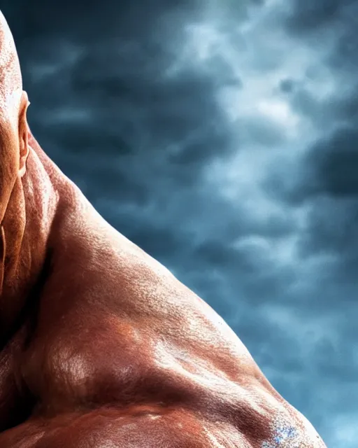Prompt: an epic dramatic portrait of dwayne johnson as the maxx, very low angle, detailed face, smiling like a jerk, epic art, trending on artstation, deviantart, high detail, high definiton, ultra realistic, hyper realistic, photo realistic, 4 k uhd