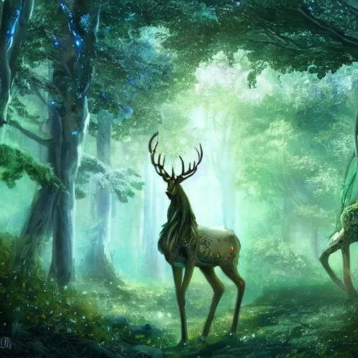 Prompt: beautiful elven celestial stag. beautiful highly detailed forest background. green and blue light. accurate, sci - fi concept art, intricate, elegant, trending on art station 8 k rendering.