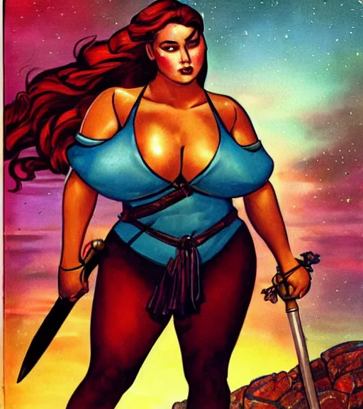 Image similar to 1 9 8 0 s fantasy novel book cover, plus size amazonian ariel winter in extremely tight bikini armor wielding a cartoonishly large sword, exaggerated body features, dark and smoky background, low quality print