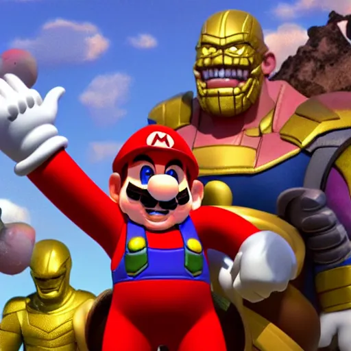 Image similar to super mario standing atop a defeated thanos, highly detailed, photorealistic