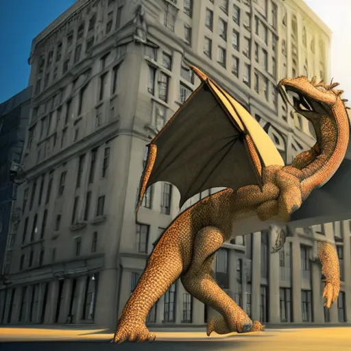 Image similar to high quality realistic render of a giant female anthropomorphic dragon; leaning against a building with an elegant pose, in the city, 3D render, 8k HD, Deviantart, Furaffinity