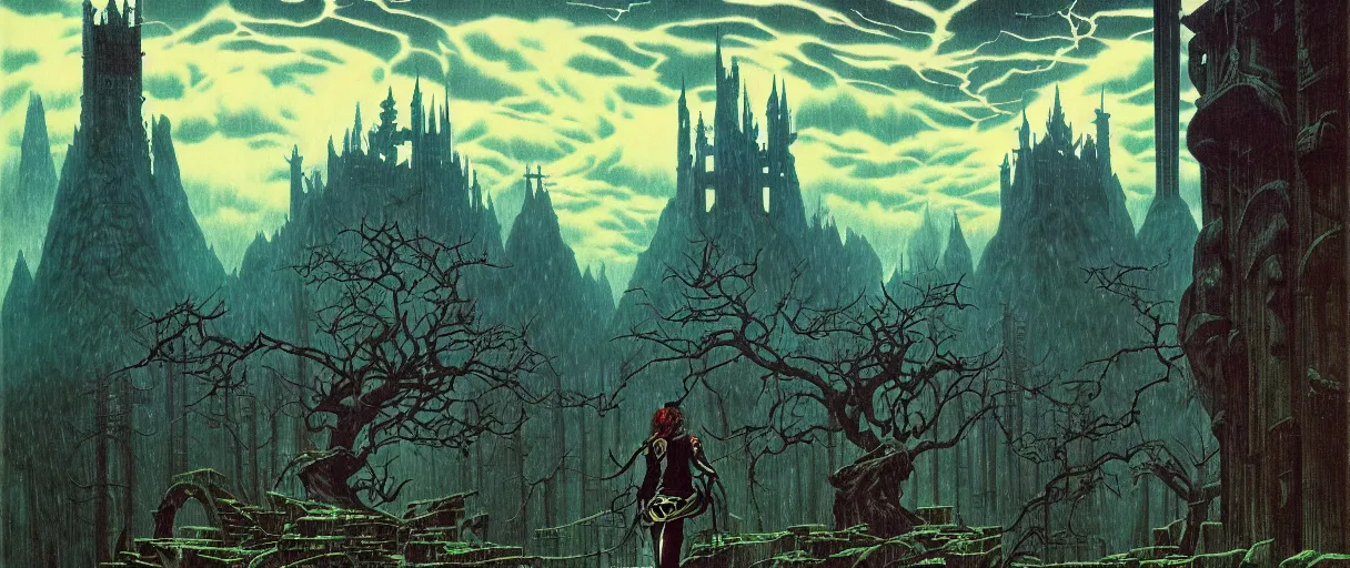 Prompt: composition gothic and futuristic castlevania in forest, cyber japan armor, more scars, ominous thunderstorm, dark ages, highly detailed, artstation, moebius, jugendstil and classic japanese print, art rene magritte and robert mccall