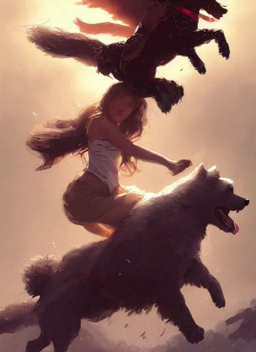 Prompt: comic book cover. giant samoyed dog being ridden by a small young girl. heroic lighting by greg rutkowski, trending on artstation