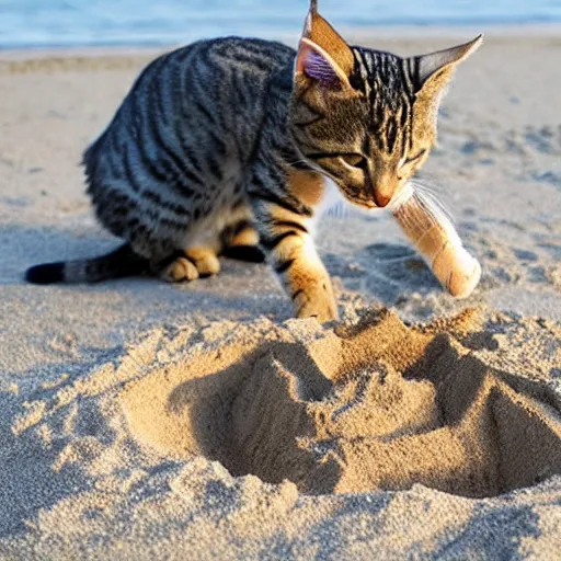 Prompt: a tabby cat building a sandcastle on the beach