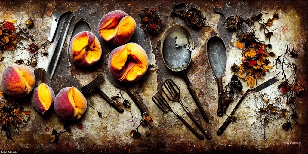 Image similar to decaying rotting peaches, moldy, on an antique distressed table top, dried flowers, metal kitchen utensils, old kitchen backdrop, dark kitchen, style by peter lippmann, intricate detail,