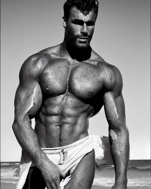 Prompt: handsome man on the beach, herculean, bulging muscular figure, beautiful gigachad, soft lighting, highly detailed face, sharp focus, photo by herb ritts