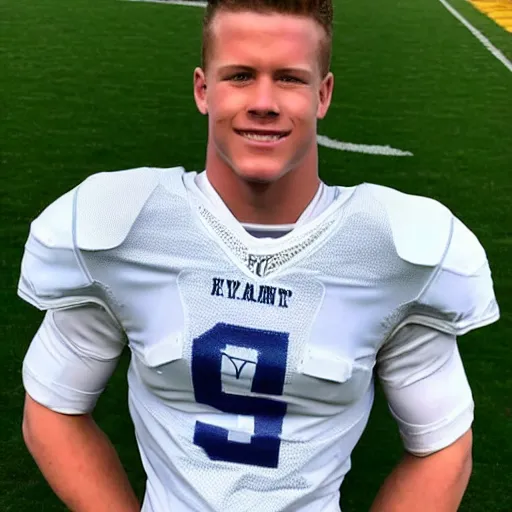 Image similar to “ a realistic detailed photo of a guy who is an attractive humanoid who is half robot and half humanoid, who is a male android, football player christian mccaffrey, shiny skin, posing like a statue, blank stare, on the field, on display ”