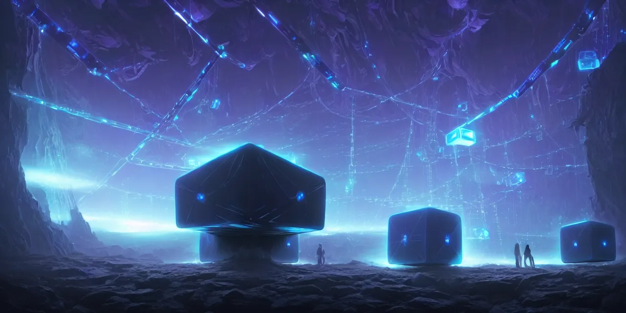 Image similar to a fleet of giant glowing futuristic cubes tied to each other with lots of glowing chains in the sky, thick glowing chains, light rays bouncing between cubes, a fantasy magical landscape seen in the distance, atmospheric lighting, intricate, volumetric lighting, beautiful, sharp focus, ultra detailed, in the art style of marc simonetti, bowater charlie and brom gerald, astrophotography