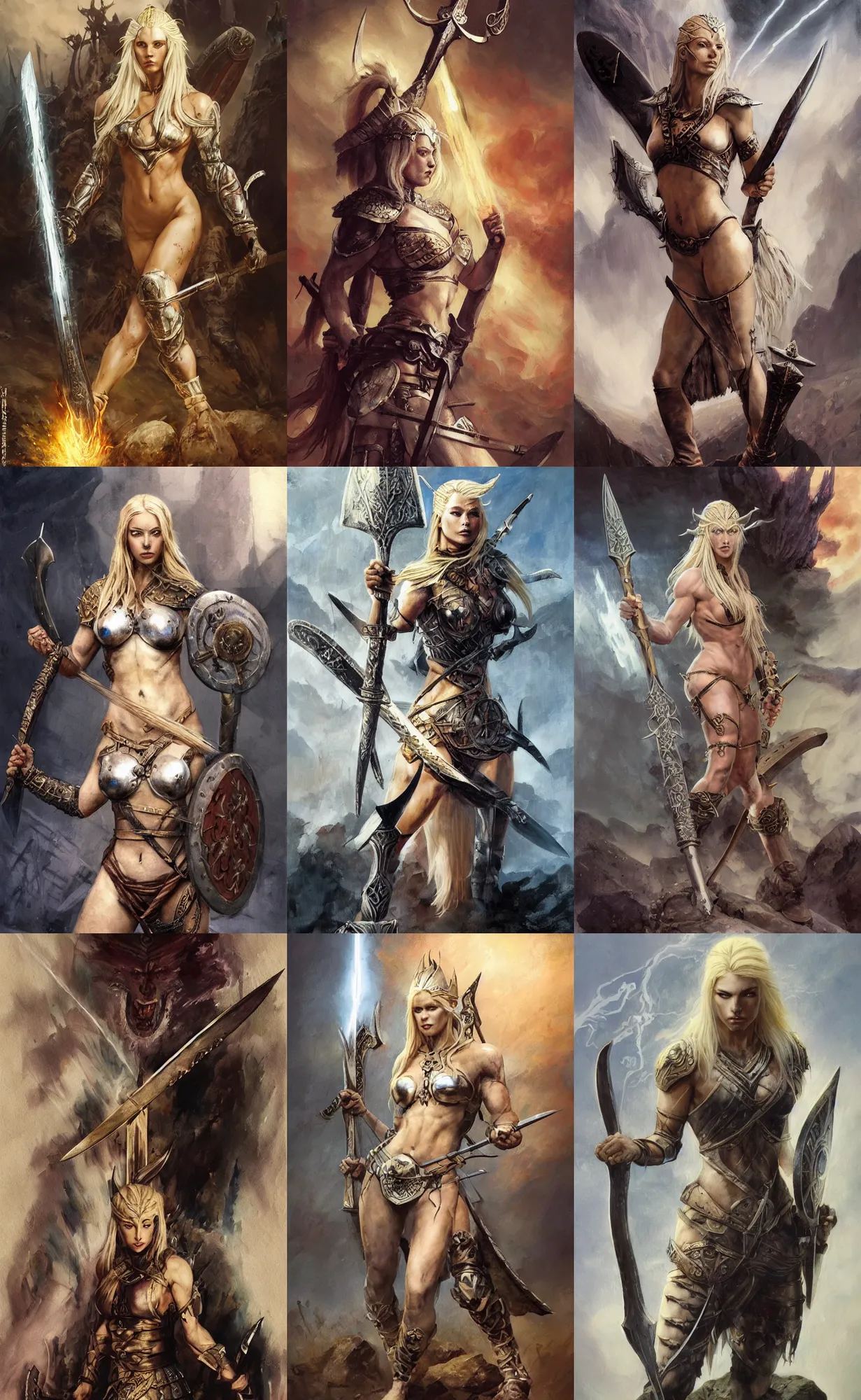 Prompt: A mixed media painting of the beautiful blonde viking goddess of war with a sword of lightning, very aesthetic, detailed face, by Frank Frazetta, Greg Rutkowski, Boris Vallejo, Beeple, Yoko Taro, Christian MacNevin, epic fantasy character art, goddess of anger, viking runes, elven, high fantasy, CGsociety, full length, exquisite detail, post-processing, low angle, nier automata, masterpiece, cinematic, odin's stone arena background