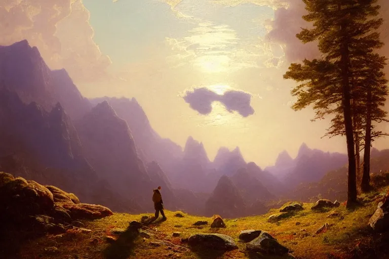 Image similar to a traveler wandering trough the mountains looking at the clouds, hyperdetailed, focused, oil painting, cinematic lighting, albert bierstadt, trending on artstation, colorful, canvas, sunset, hans dahl, theodor kittelsen, hermann hendrich, national geographic, Konstantin Yakovlevich Kryzhitsky, beautiful nature