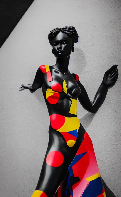 Image similar to extremely beautiful female black marble statue in the style of virgil abloh, colorful motocross logos behind her, sharp focus, clear, detailed,, cinematic, detailed, off white, glamourous, symmetrical, vogue, editorial, fashion, magazine shoot, glossy