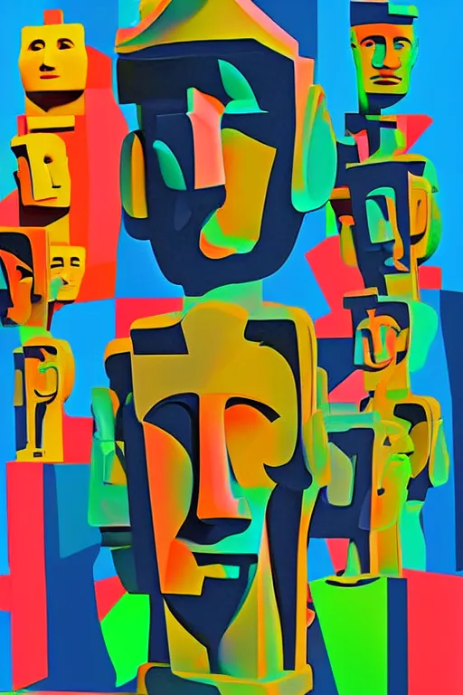 Image similar to cubist moai statue cutout digital illustration cartoon colorful beeple